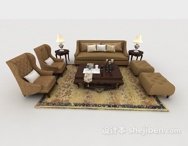 中式风格新中式浅棕色组合沙发3d模型下载