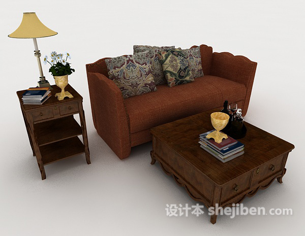 中式风格新中式暗红色双人沙发3d模型下载