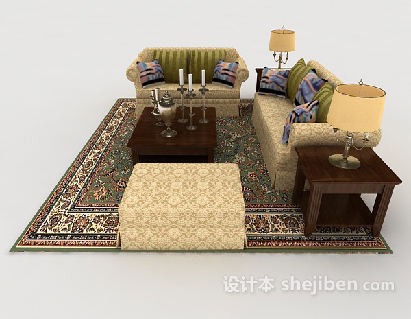设计本家居花纹黄棕色组合沙发3d模型下载