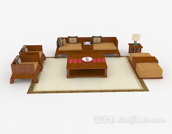 现代风格木质棕黄色简约组合沙发3d模型下载