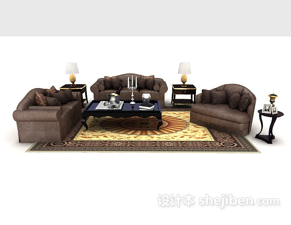 中式风格新中式深棕色组合沙发3d模型下载