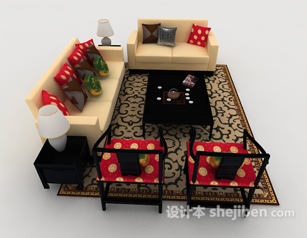 设计本新中式家居木质组合沙发3d模型下载