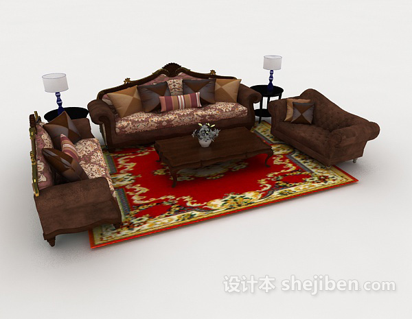 免费欧式木质复古棕色组合沙发3d模型下载