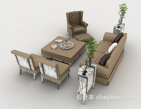 设计本简欧棕色组合沙发3d模型下载