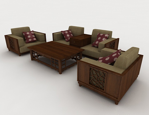 东南亚木质组合沙发3d模型下载