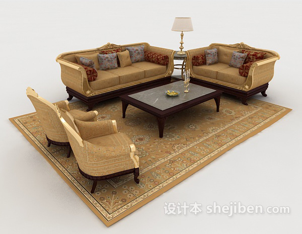 欧式黄色木质组合沙发3d模型下载