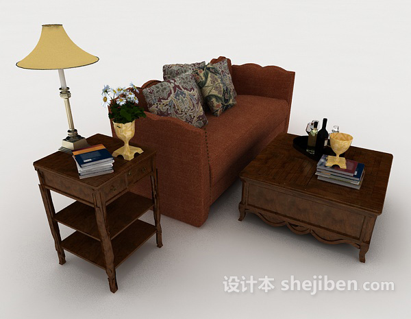 免费新中式暗红色双人沙发3d模型下载