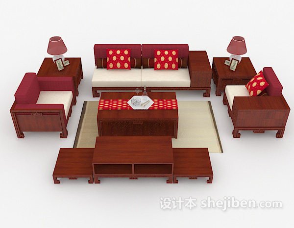 中式风格新中式木质棕色组合沙发3d模型下载