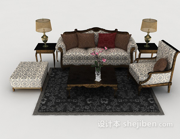 欧式风格欧式花纹复古组合沙发3d模型下载