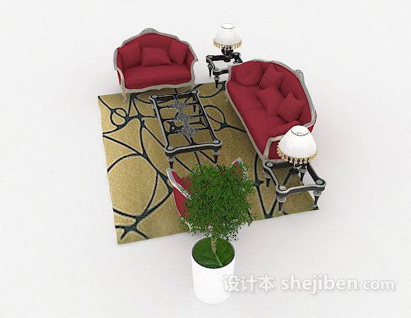设计本大红色欧式组合沙发3d模型下载