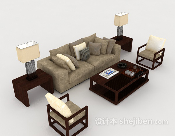 灰色木质组合沙发3d模型下载