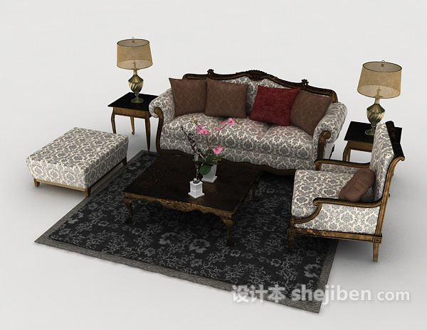 免费欧式花纹复古组合沙发3d模型下载