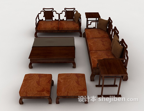 免费中式棕色木质组合沙发3d模型下载