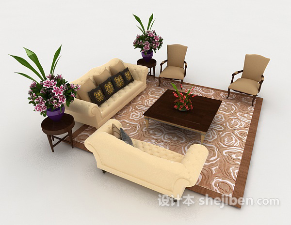 设计本欧式家居黄色木质组合沙发3d模型下载