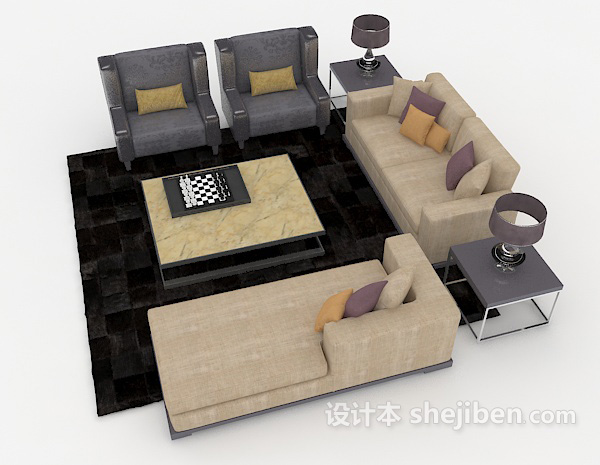 设计本家居棕色休闲组合沙发3d模型下载