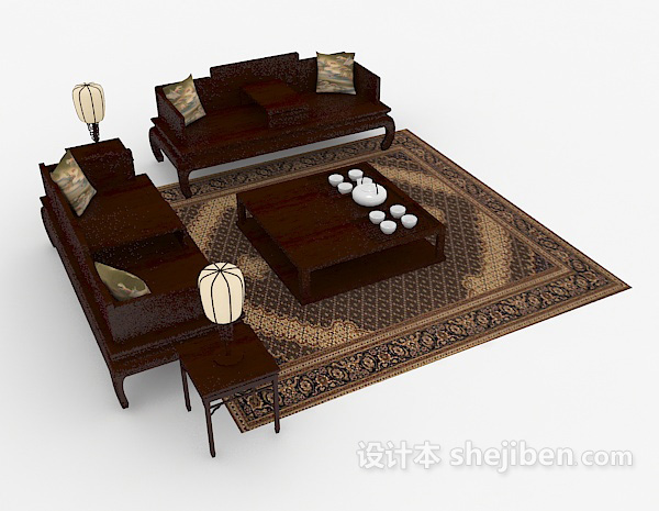 免费中式复古木质组合沙发3d模型下载