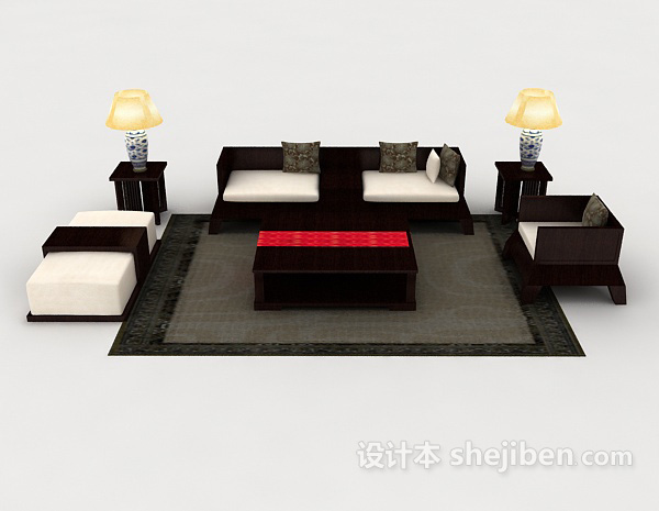 中式风格新中式实木型组合沙发3d模型下载
