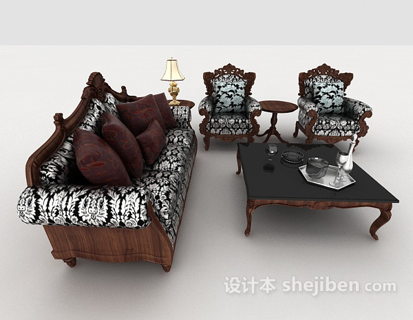 欧式风格欧式复古花纹组合沙发3d模型下载