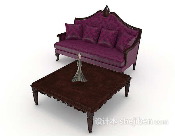 免费家居木质紫色双人沙发3d模型下载