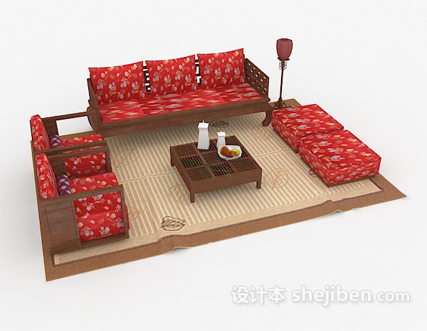 免费新中式红色喜庆组合沙发3d模型下载