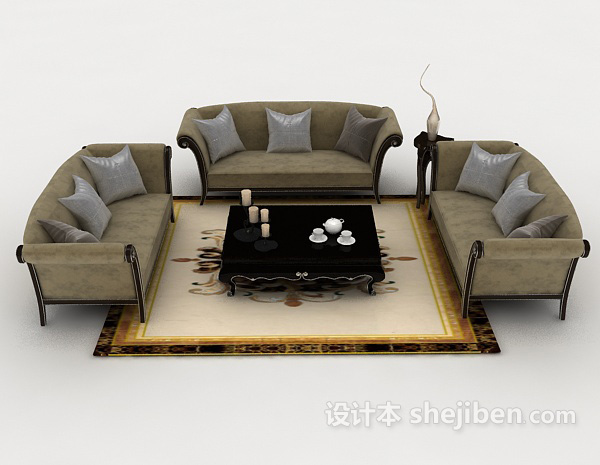 欧式风格简欧灰棕色组合沙发3d模型下载