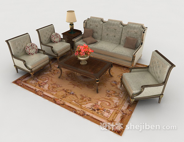 欧式灰色复古组合沙发3d模型下载
