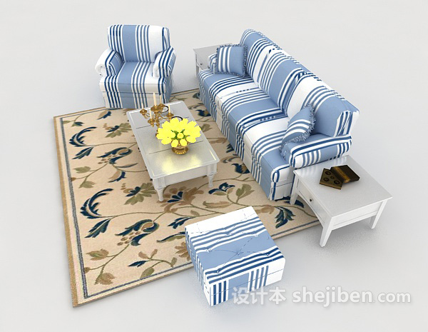 设计本地中海蓝白条纹沙发3d模型下载