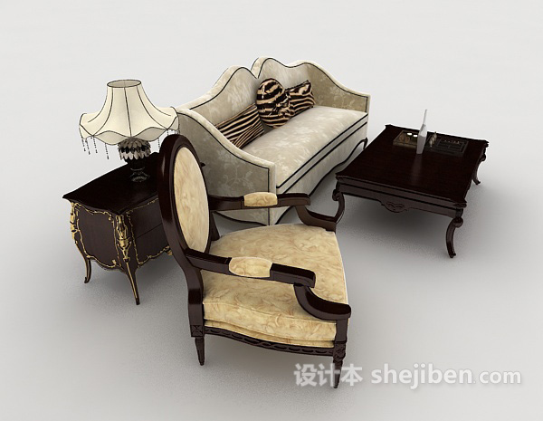 设计本欧式家居棕色木质组合沙发3d模型下载