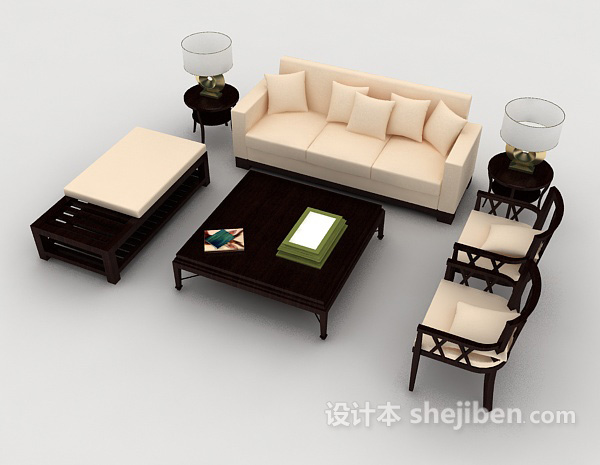 现代风格木质家居黄色组合沙发3d模型下载