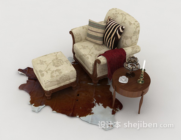 设计本欧式复古花纹棕色单人沙发3d模型下载