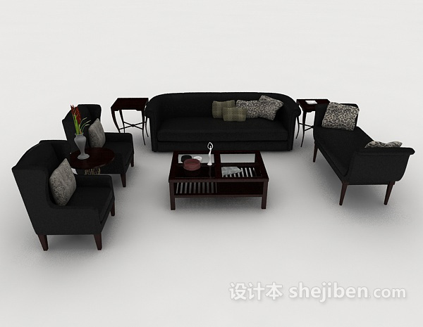 欧式风格欧式简约黑色木质组合沙发3d模型下载