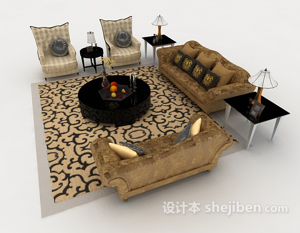 设计本家居棕黄色复古组合沙发3d模型下载