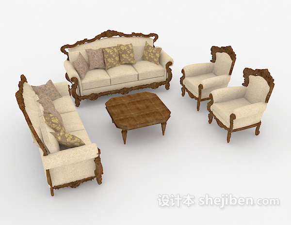 免费欧式棕色家居木质组合沙发3d模型下载