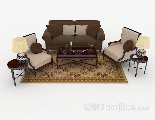 现代风格家居木质棕色组合沙发3d模型下载