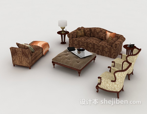 免费中式复古棕色组合沙发3d模型下载