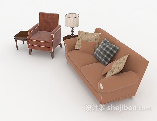 免费家居棕色木质休闲组合沙发3d模型下载