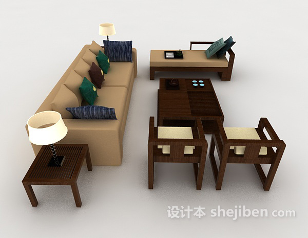 设计本新中式简约棕色组合沙发3d模型下载