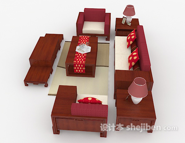 设计本新中式木质棕色组合沙发3d模型下载