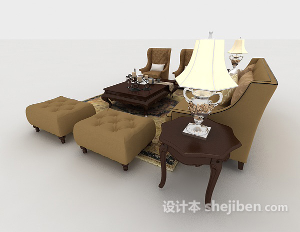 设计本新中式浅棕色组合沙发3d模型下载