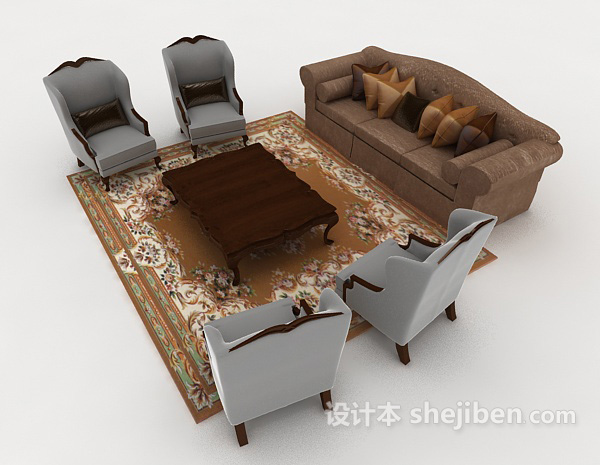 设计本新中式灰棕色组合沙发3d模型下载