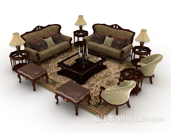 欧式风格欧式复古棕色木质组合沙发3d模型下载
