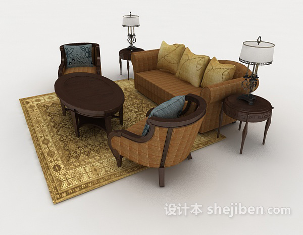 设计本休闲家居木质棕色组合沙发3d模型下载