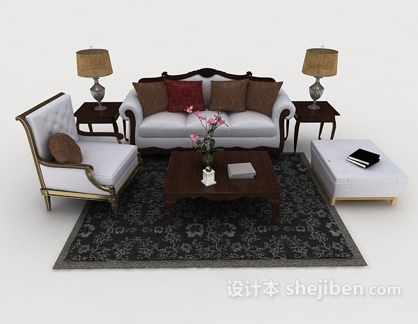 免费欧式木质家居灰色组合沙发3d模型下载
