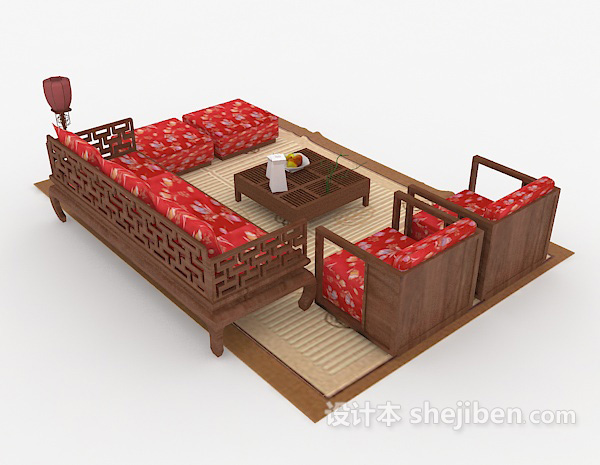 设计本新中式红色喜庆组合沙发3d模型下载