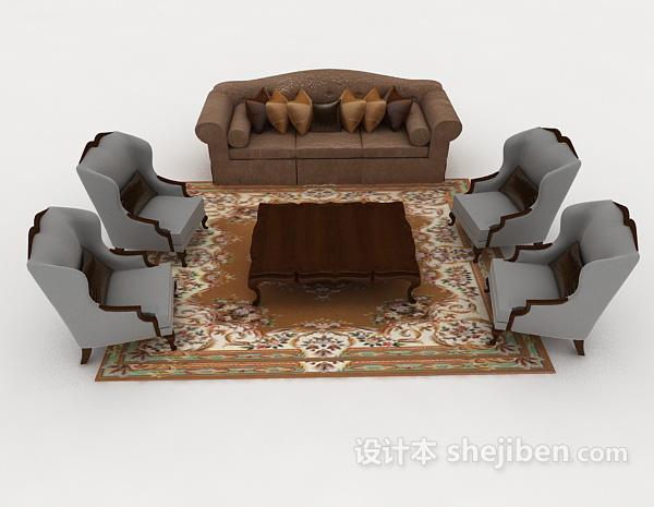免费新中式灰棕色组合沙发3d模型下载