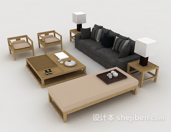 设计本木质休闲家居组合沙发3d模型下载