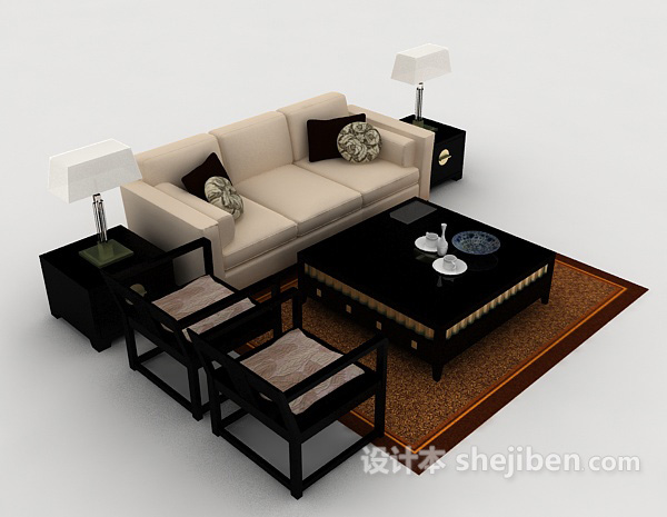 新中式家庭组合沙发3d模型下载