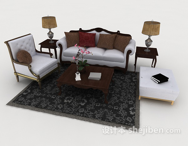 欧式风格欧式木质家居灰色组合沙发3d模型下载