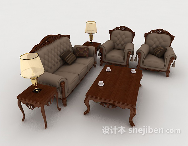 欧式风格欧式木质灰棕色组合沙发3d模型下载