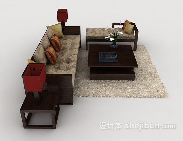 设计本家居木质棕色花纹组合沙发3d模型下载